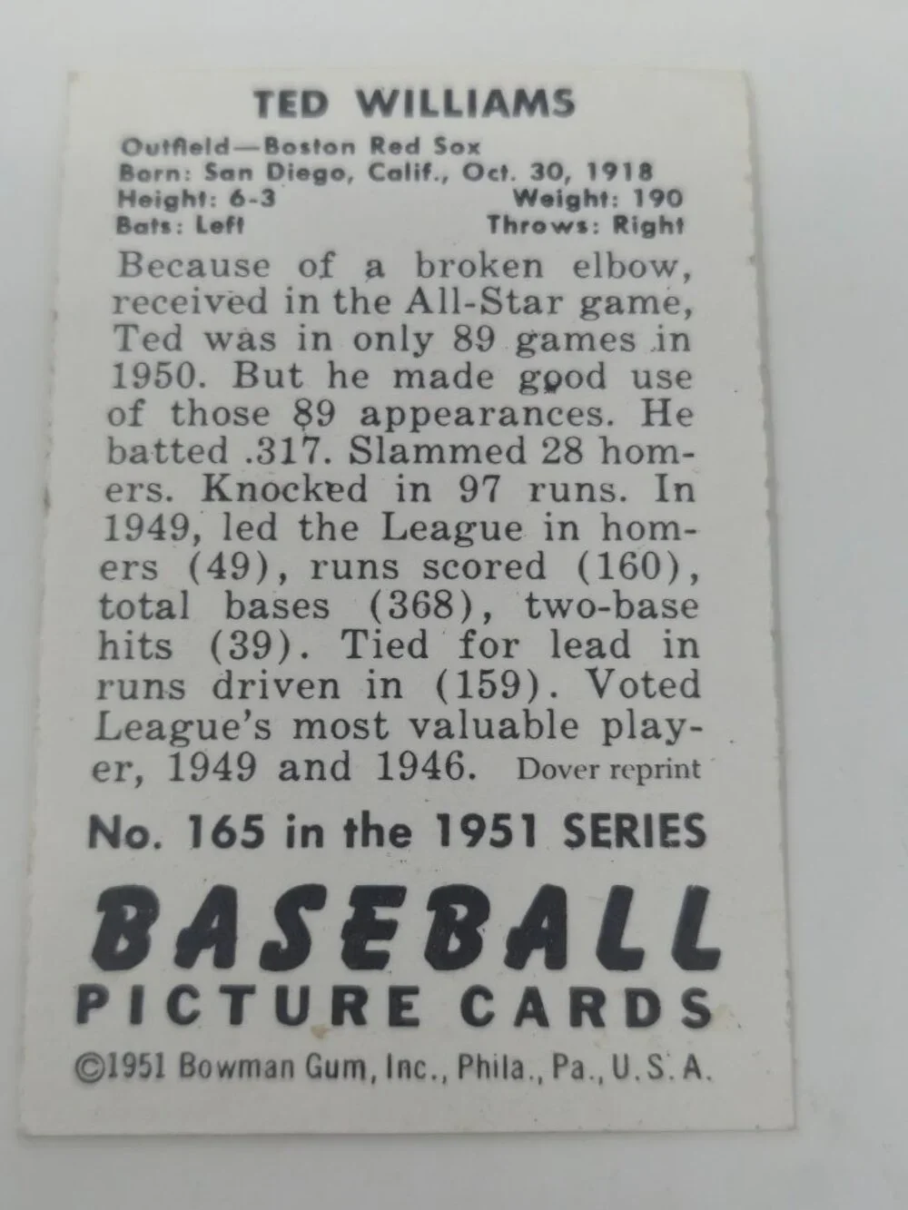1977 Dover Classic Baseball Cards Reprints - Ted Williams 1951 Bowman